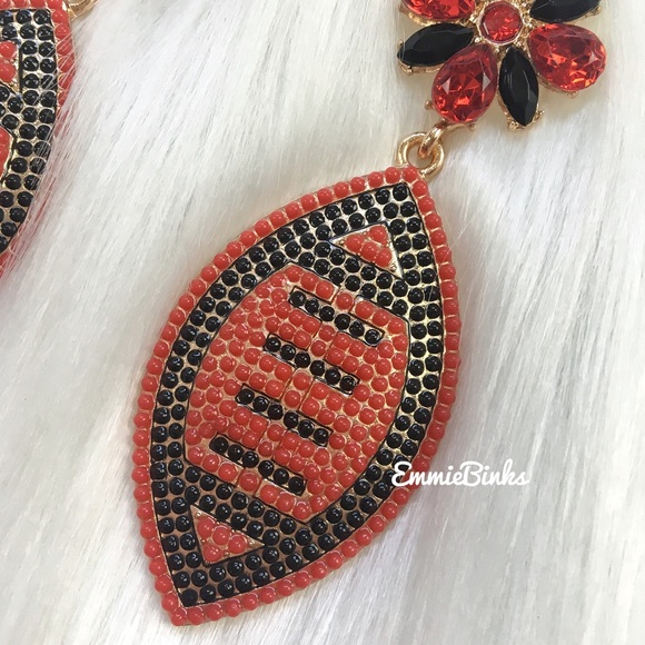 New Red & Black Rhinestone Football Drop Dangle Earrings - Picture 6 of 12